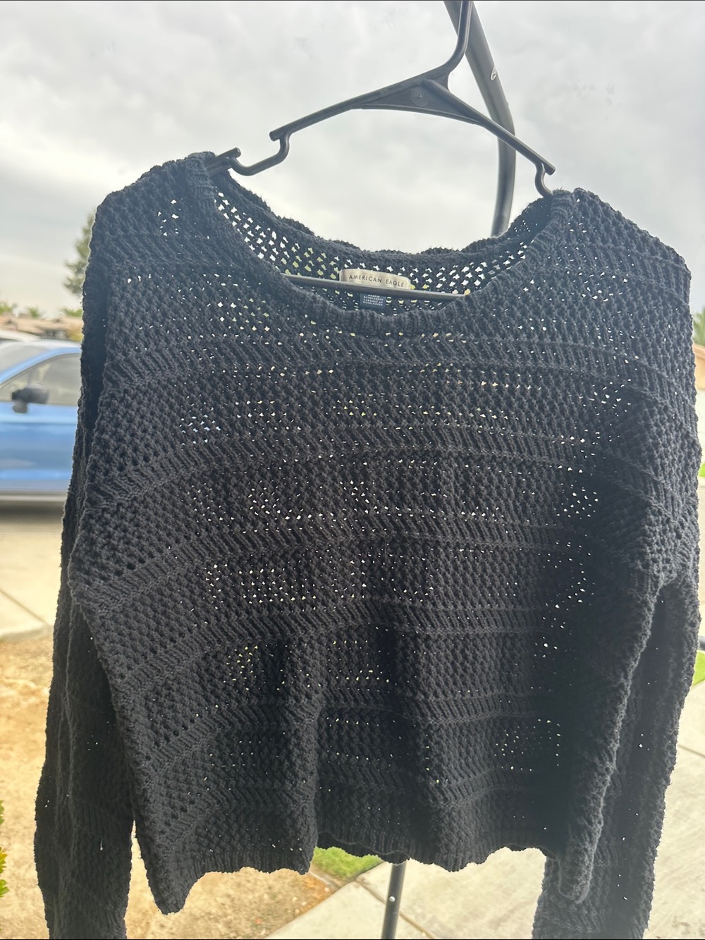 American Eagle Outfitters Black Open-Weave Crewneck Sweater